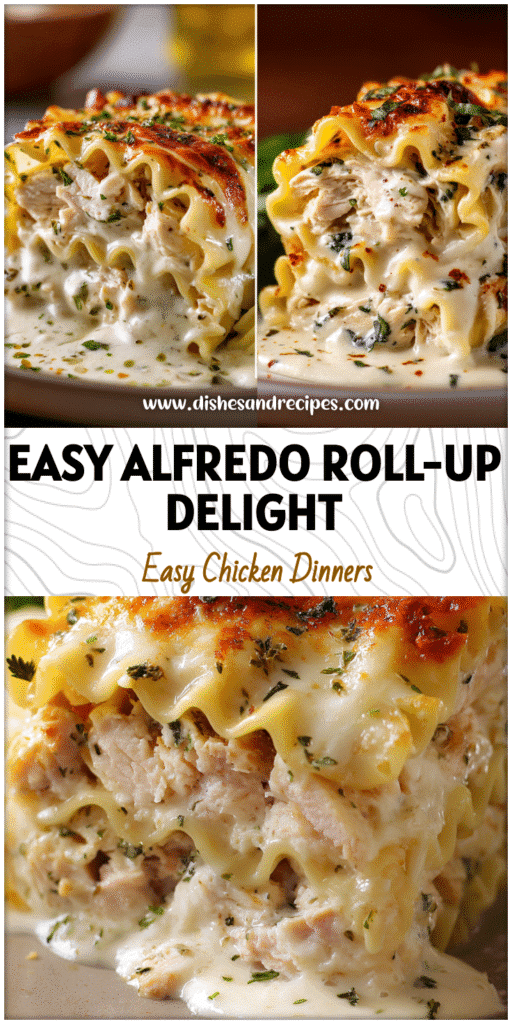 White Chicken Alfredo Lasagna Roll Ups stacked on a plate with creamy sauce and herbs, perfect for Pasta Dinner Recipes